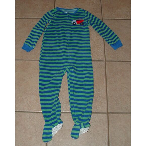 Boys Sz 4 Toddler Green Striped Dump Truck Fleece Zip Up Footed 1 Pc Pajamas - Picture 1 of 3